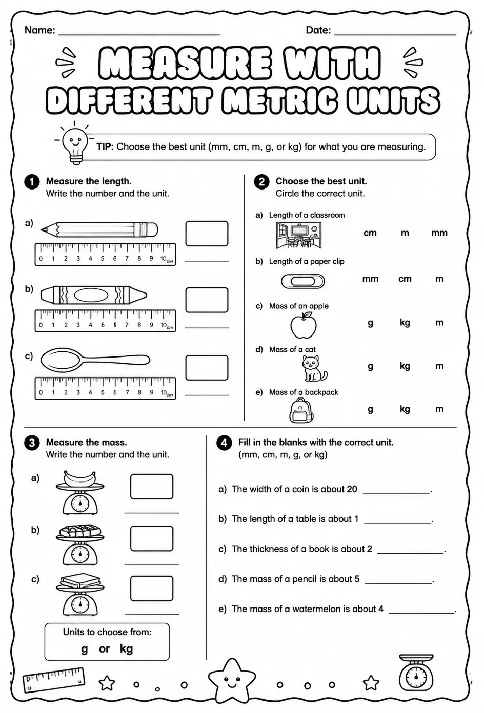 Measure with different metric units — free printable Grade 2 math worksheet