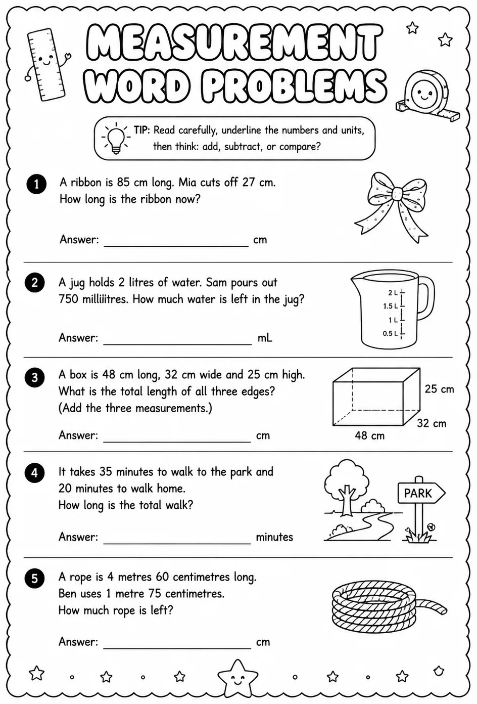 Measurement word problems — free printable Grade 3 math worksheet