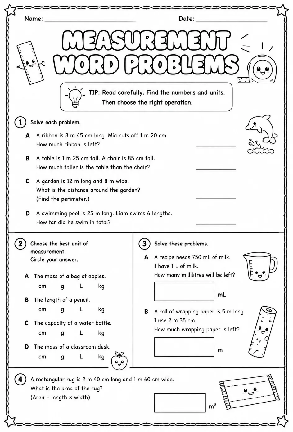 Measurement word problems — free printable Grade 4 math worksheet