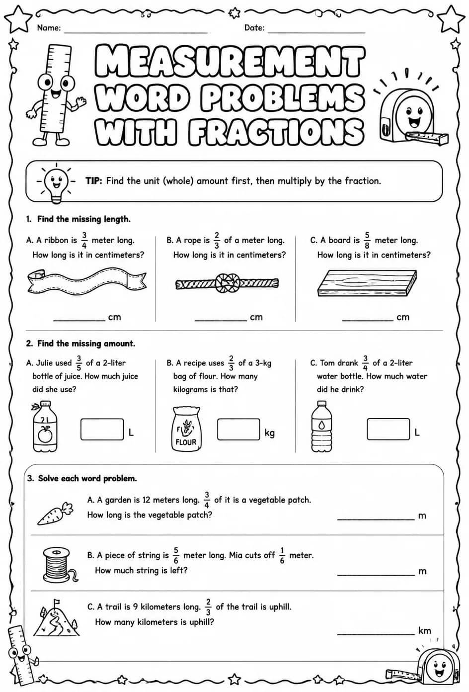 Measurement word problems with fractions — free printable Grade 4 math worksheet