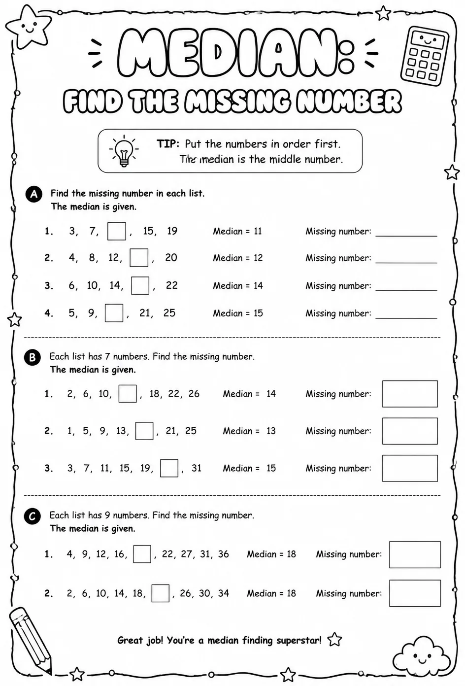 Median: find the missing number — free printable Grade 5 math worksheet