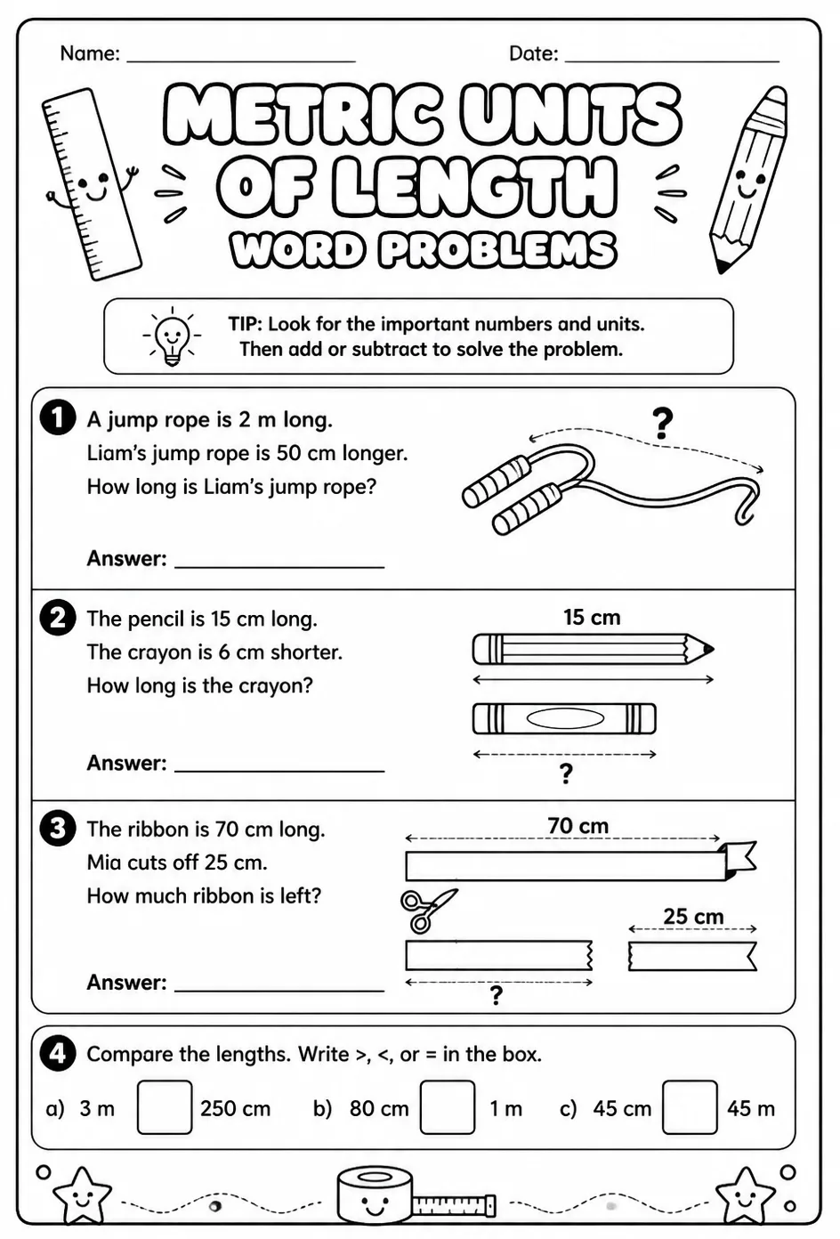 Metric units of length: word problems — free printable Grade 2 math worksheet