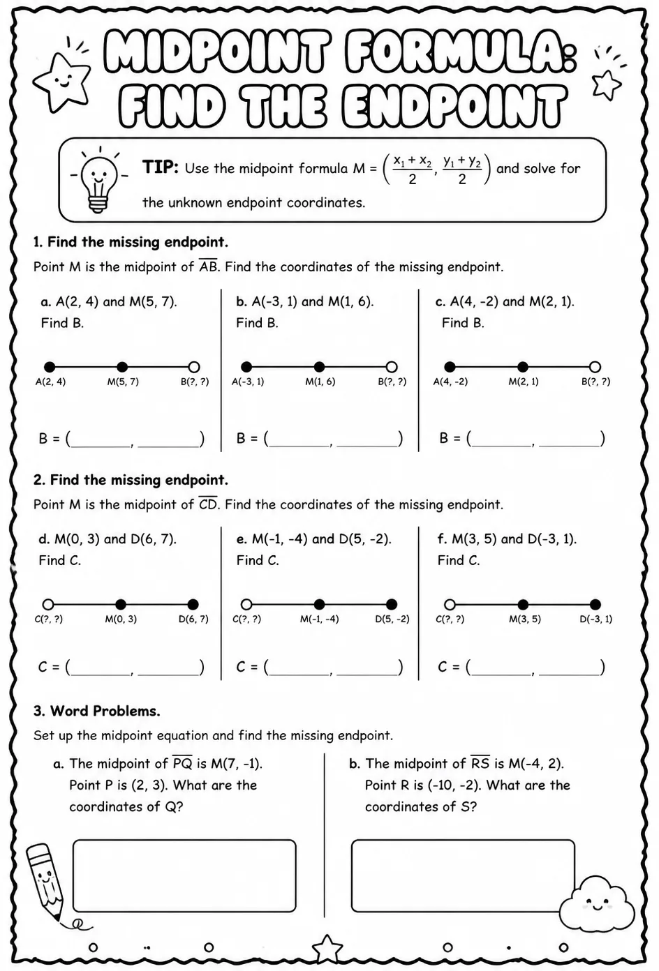 Midpoint formula: find the endpoint — free printable Algebra 1 math worksheet