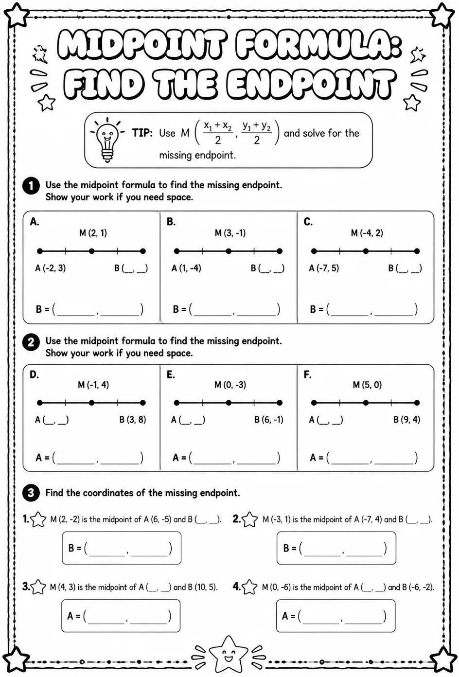 Midpoint formula: find the endpoint — free printable Geometry math worksheet