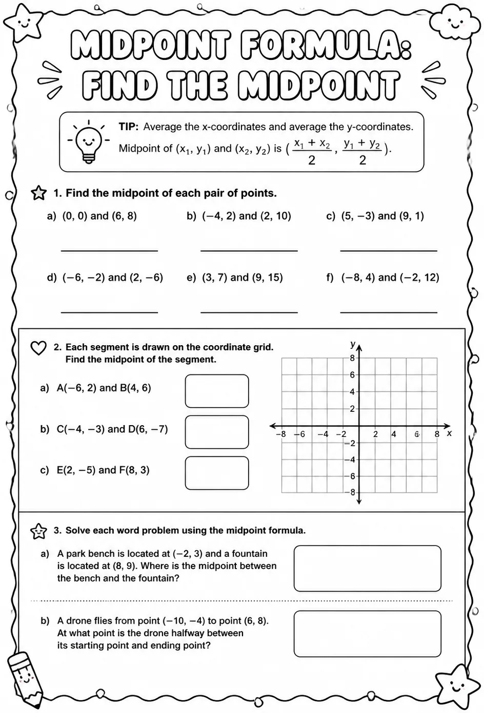 Midpoint formula: find the midpoint — free printable Algebra 1 math worksheet