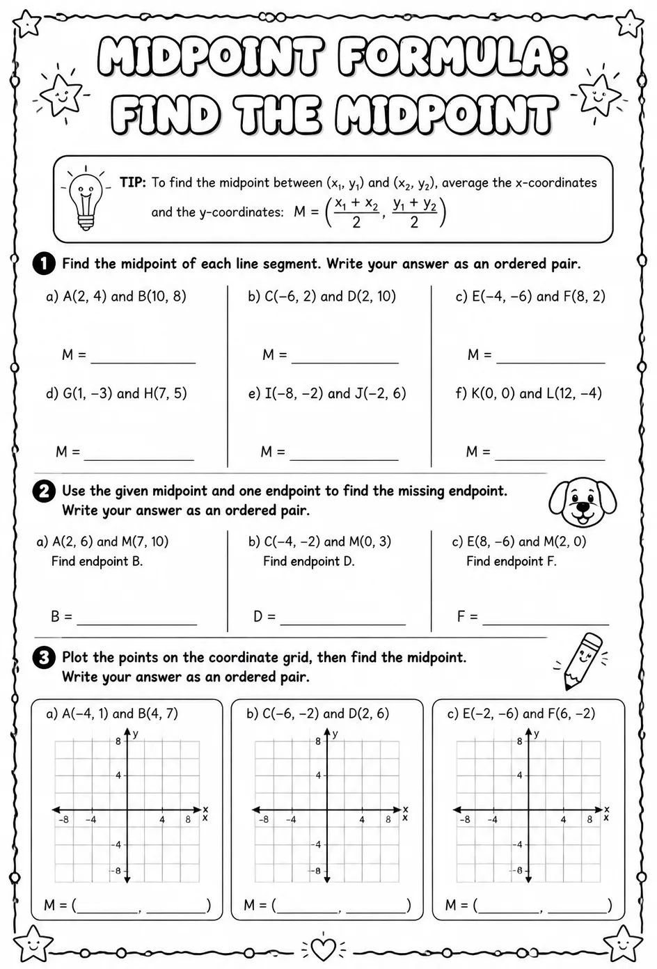 Midpoint formula: find the midpoint — free printable Geometry math worksheet