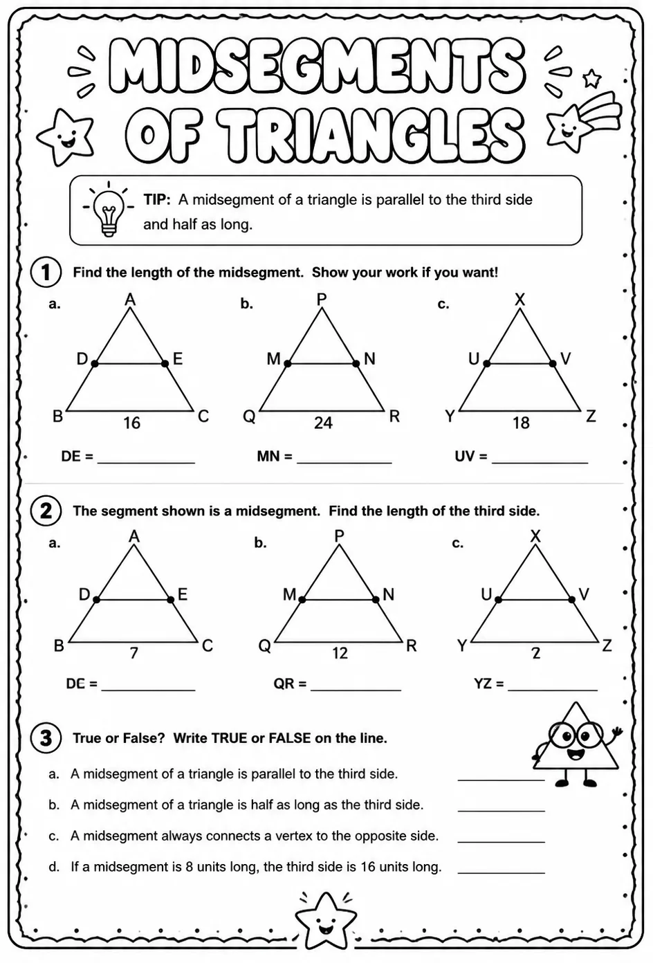 Midsegments of triangles — free printable Geometry math worksheet