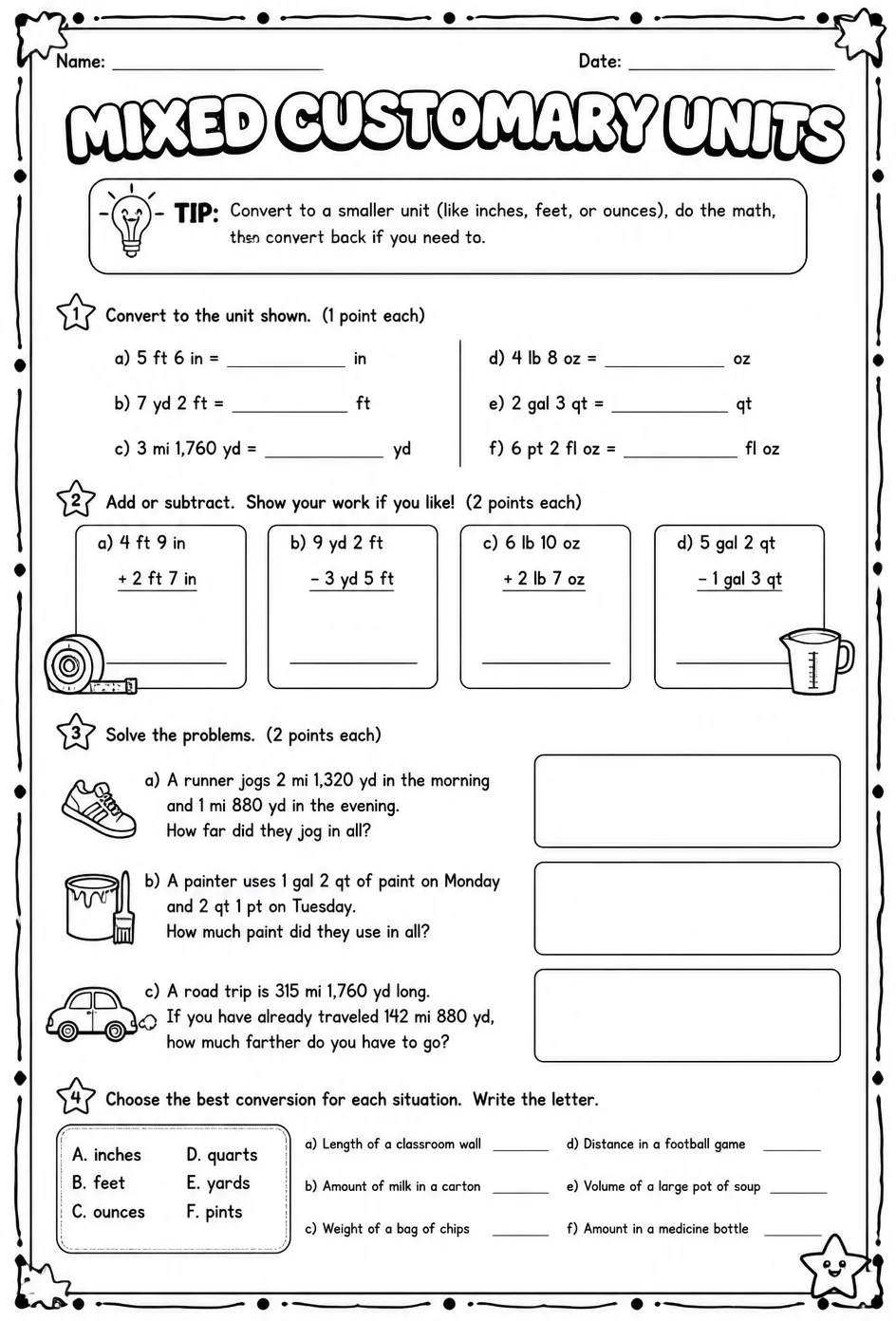 Mixed customary units — free printable Grade 7 math worksheet