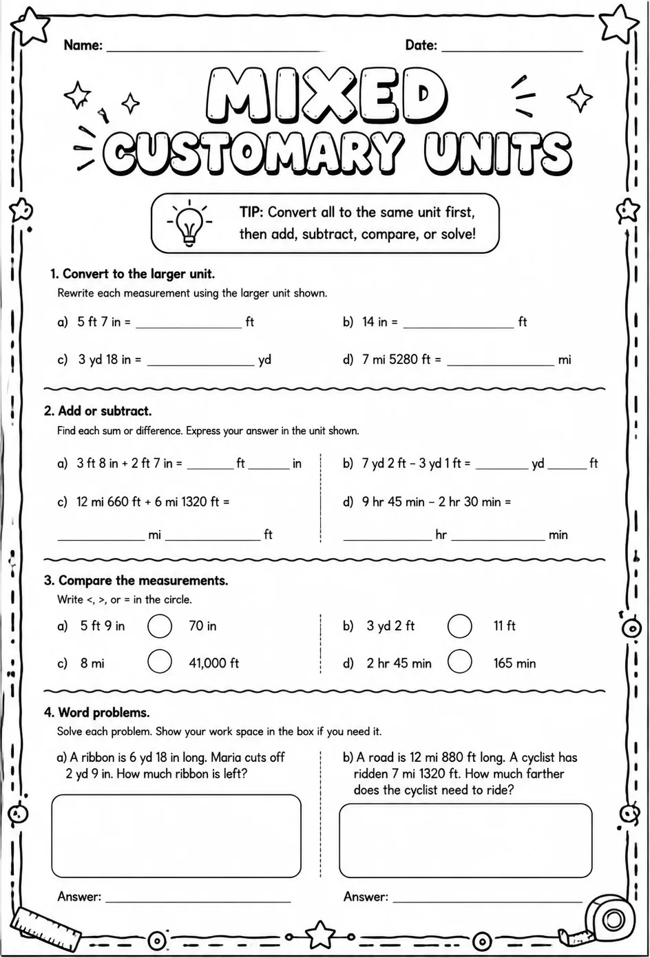 Mixed customary units — free printable Grade 8 math worksheet