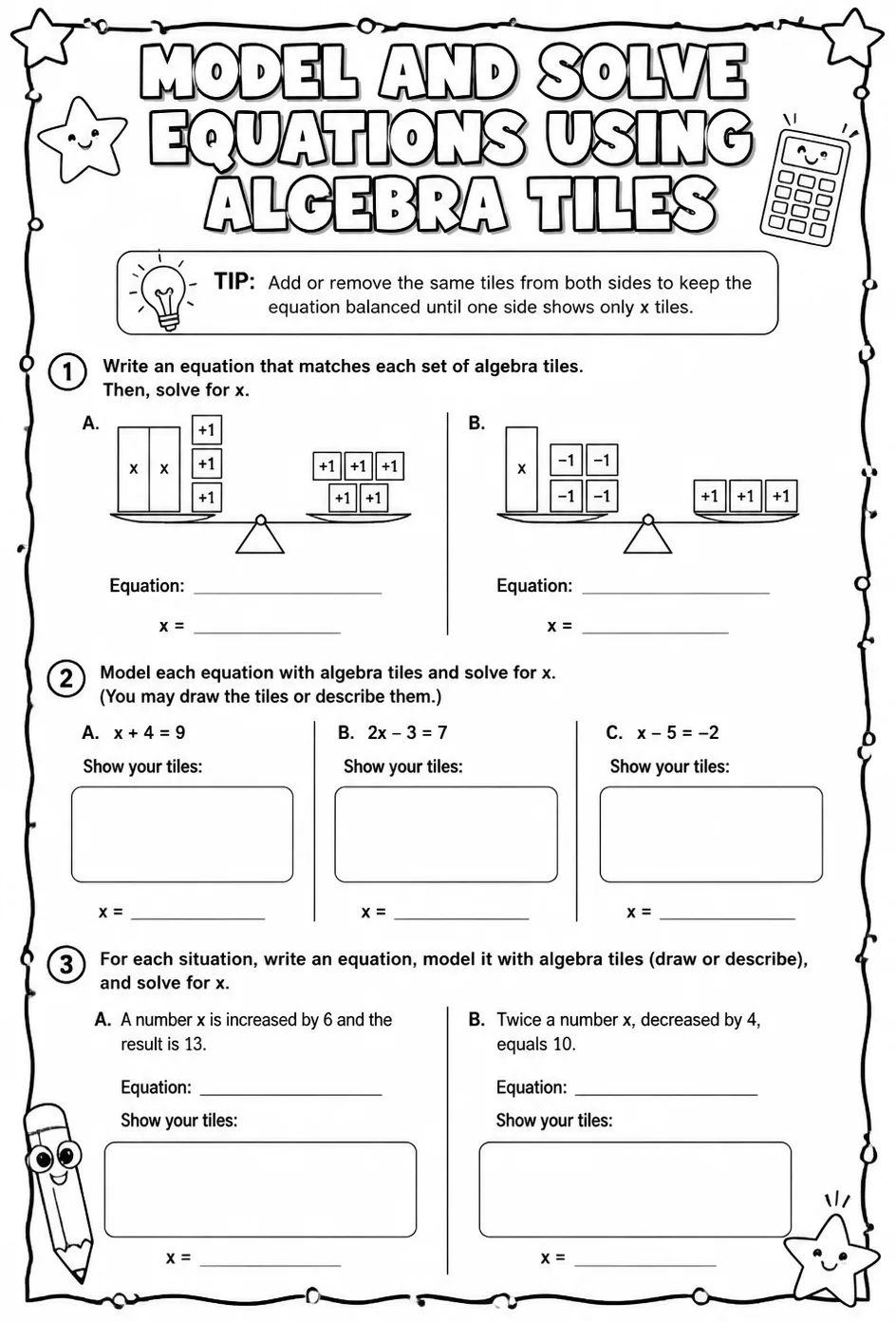 Model and solve equations using algebra tiles — free printable Grade 6 math worksheet