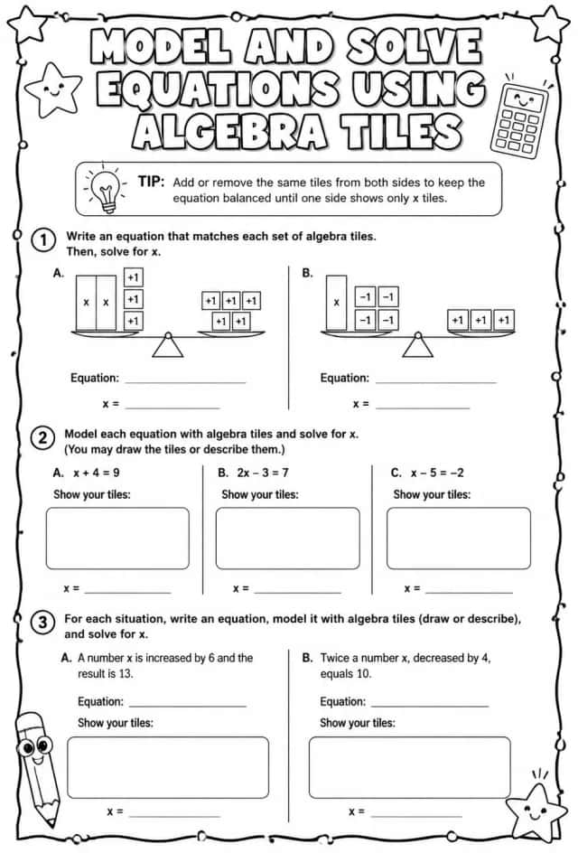 Model and solve equations using algebra tiles