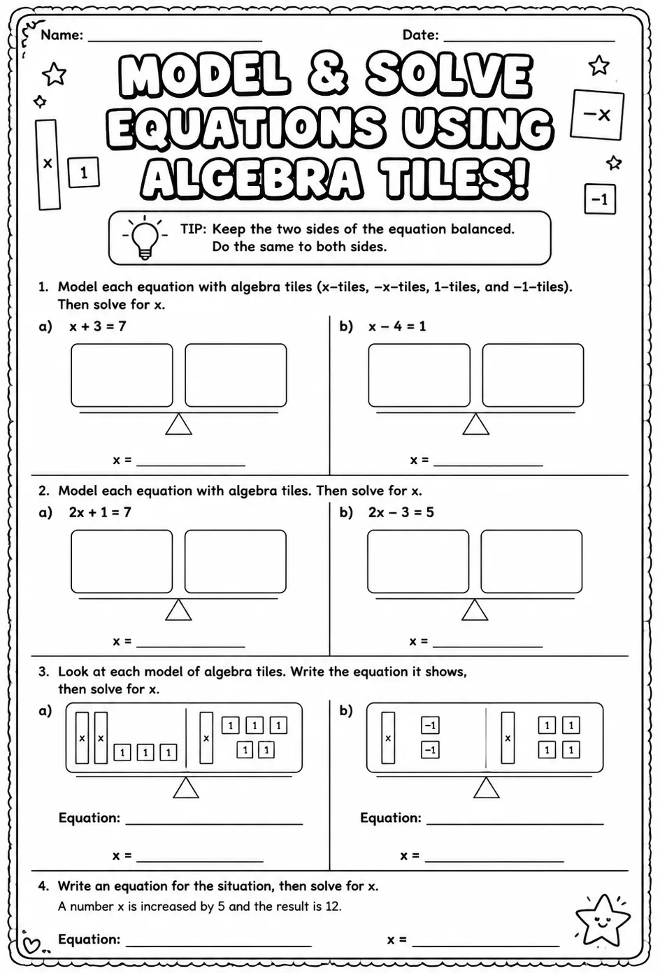 Model and solve equations using algebra tiles — free printable Grade 7 math worksheet
