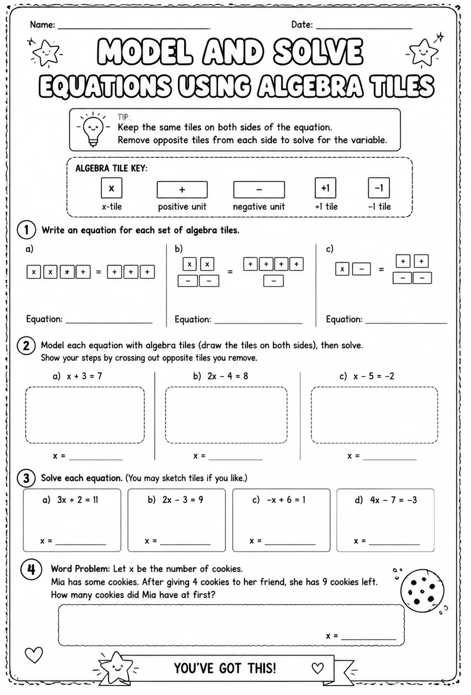 Model and solve equations using algebra tiles — free printable Grade 8 math worksheet