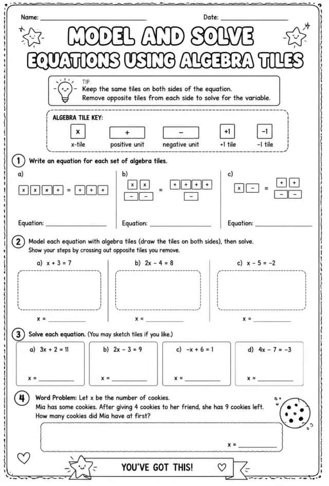 Model and solve equations using algebra tiles