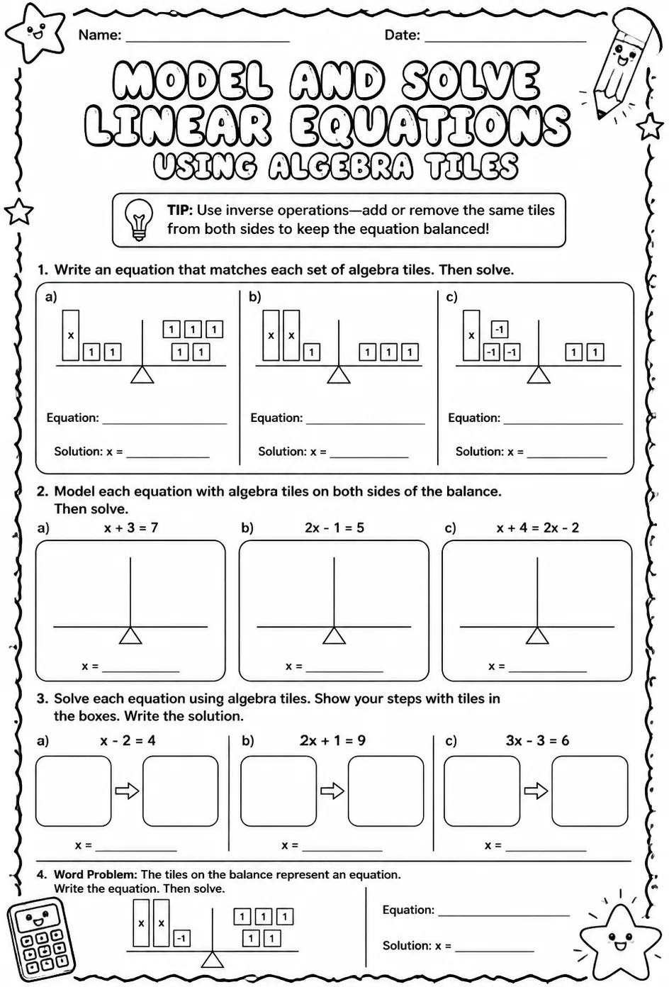 Model and solve linear equations using algebra tiles — free printable Algebra 1 math worksheet