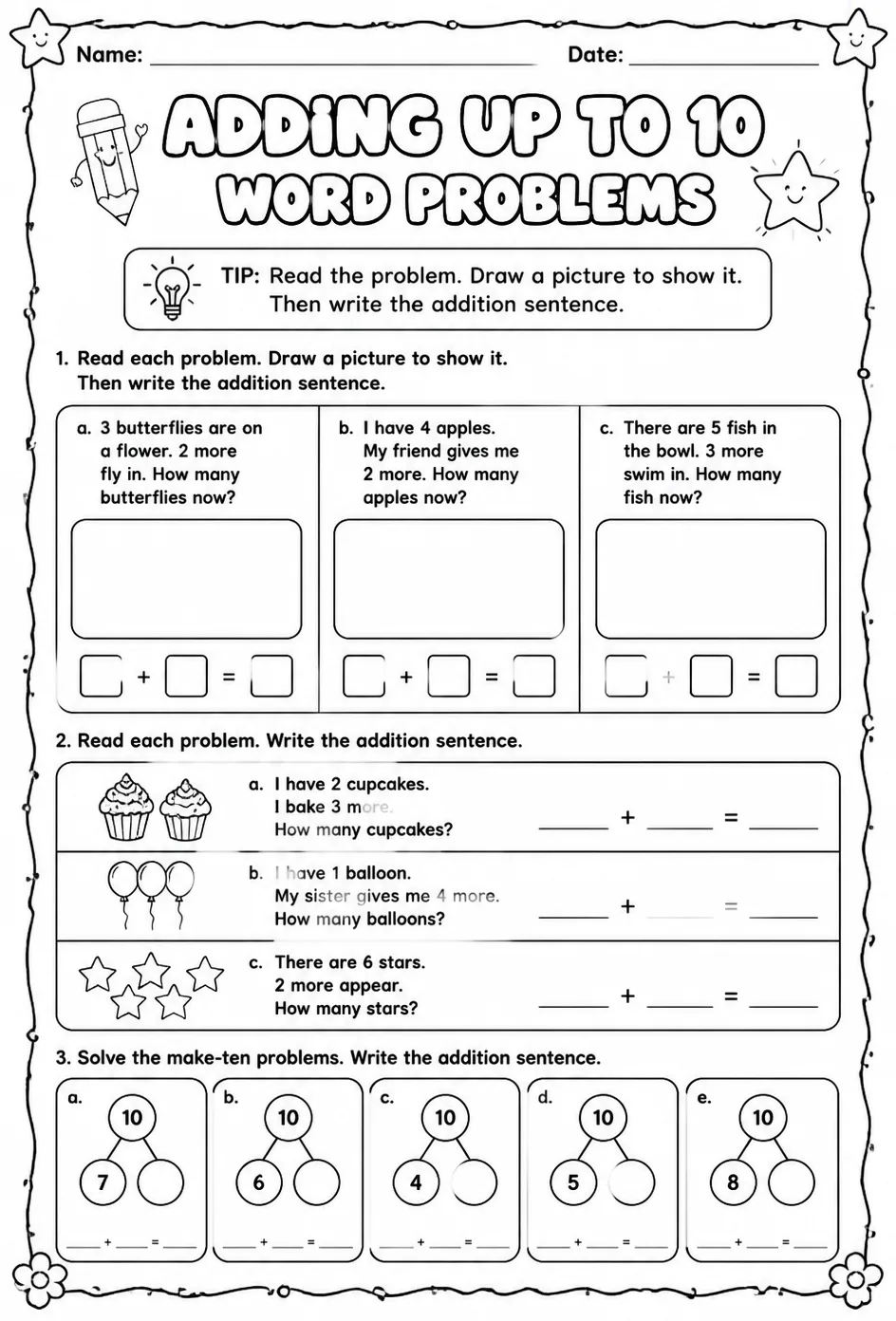 Model and write addition sentences for word problems - sums up to 10 — free printable Grade 1 math worksheet