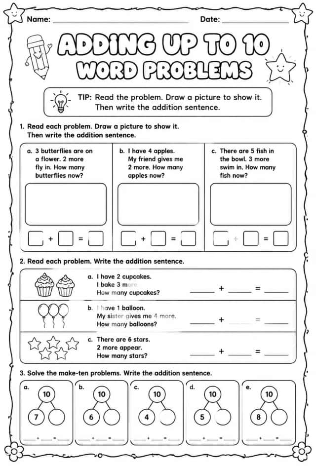 Model and write addition sentences for word problems - sums up to 10