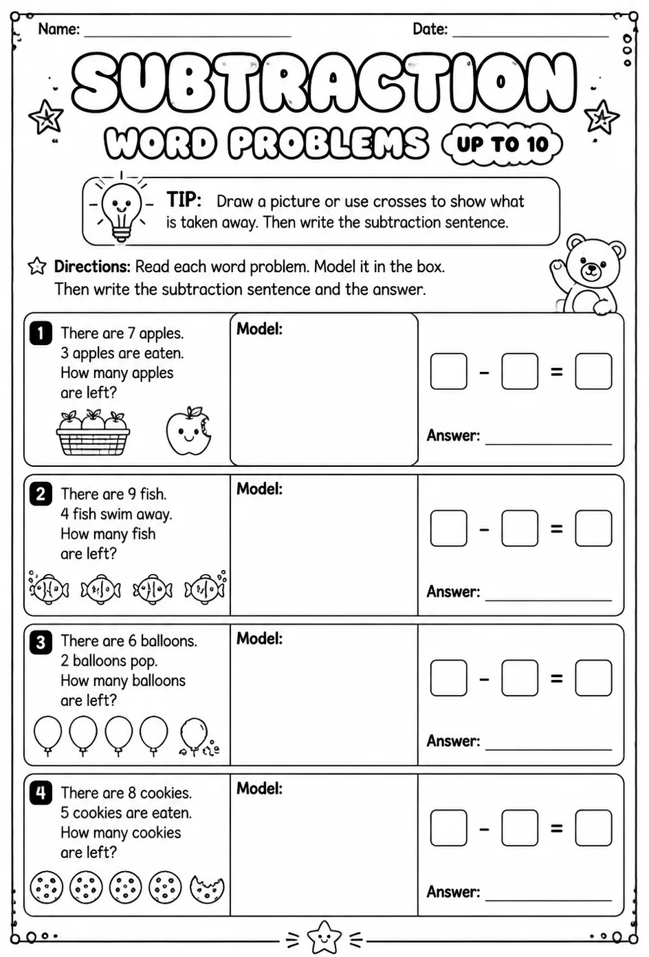 Model and write subtraction sentences for word problems - up to 10 — free printable Grade 1 math worksheet