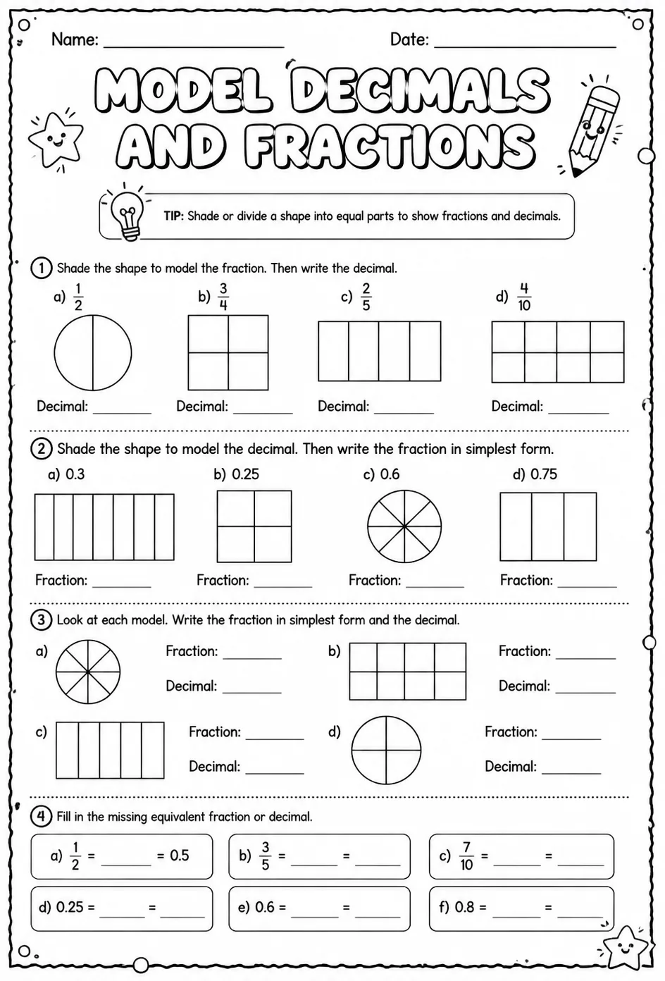 Model decimals and fractions — free printable Grade 4 math worksheet