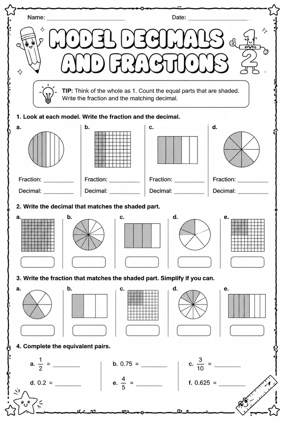 Model decimals and fractions — free printable Grade 5 math worksheet