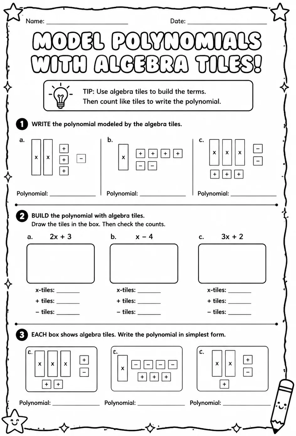 Model polynomials with algebra tiles — free printable Algebra 1 math worksheet