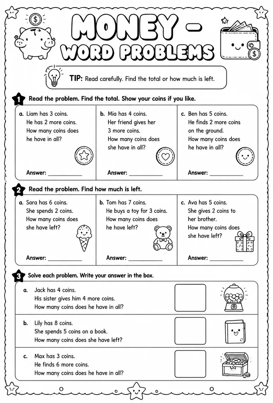 Money - word problems — free printable Grade 1 math worksheet