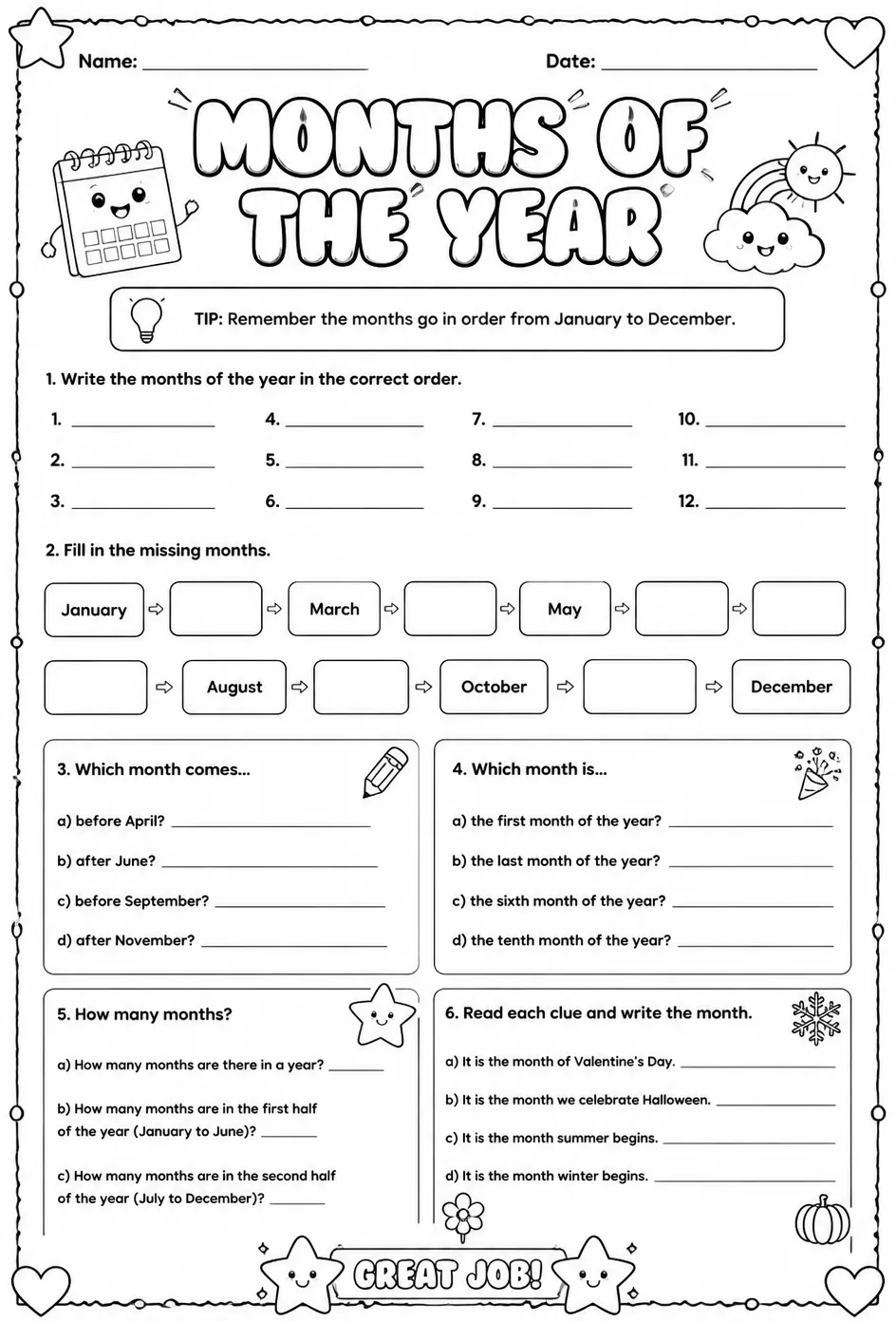 Months of the year — free printable Grade 2 math worksheet
