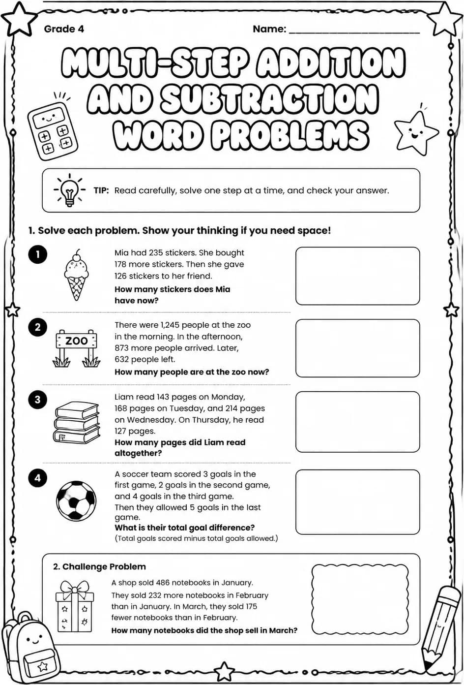 Multi-step addition and subtraction word problems — free printable Grade 4 math worksheet