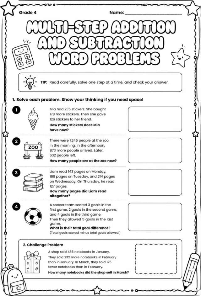 Multi-step addition and subtraction word problems