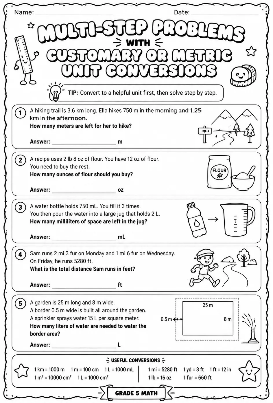 Multi-step problems with customary or metric unit conversions — free printable Grade 5 math worksheet