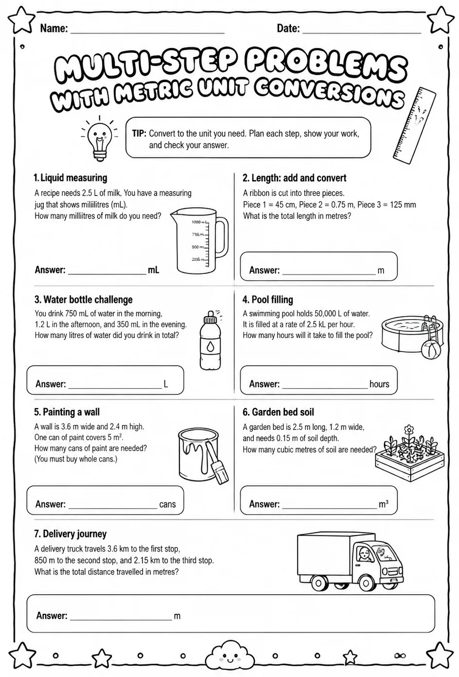 Multi-step problems with metric unit conversions — free printable Grade 5 math worksheet