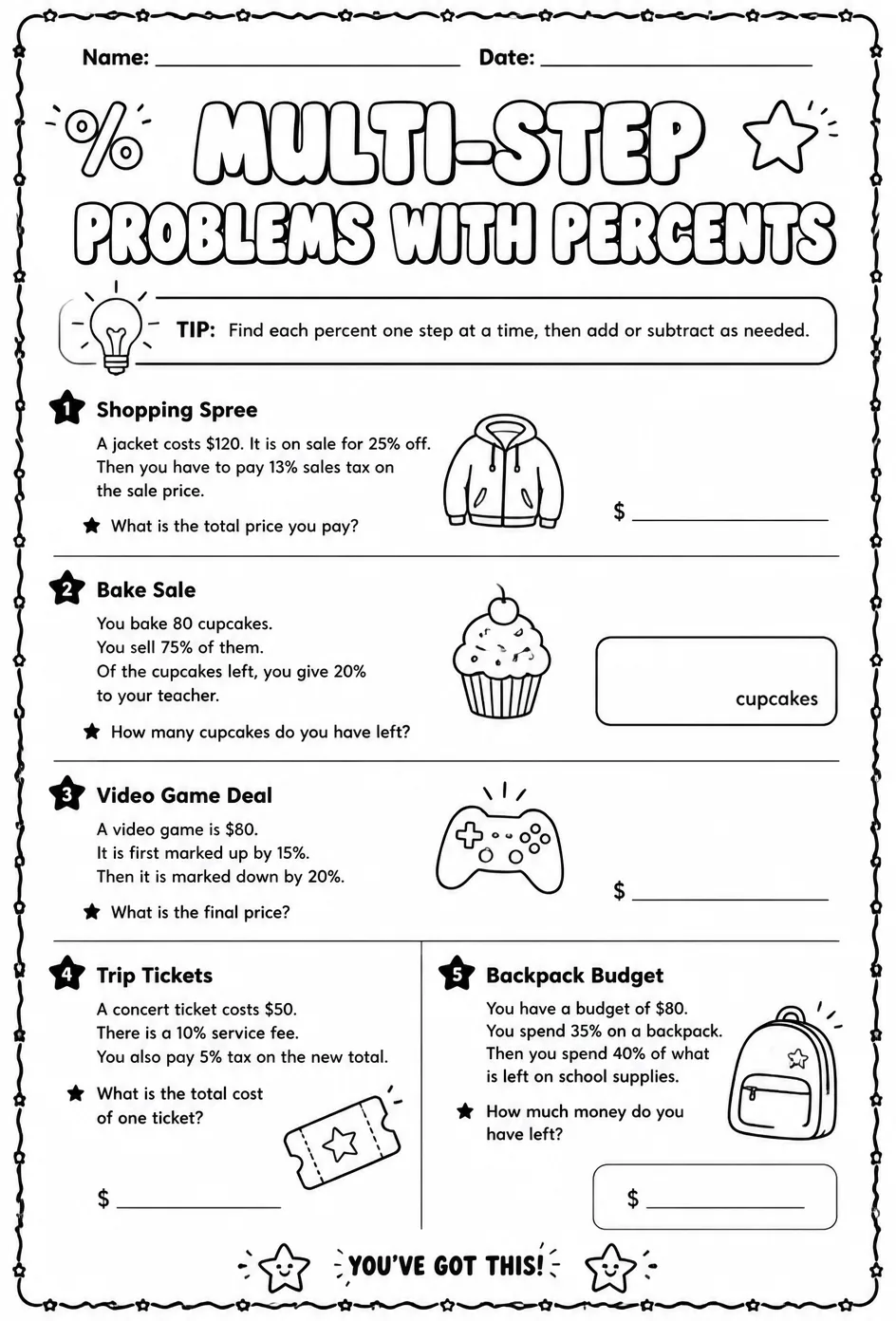 Multi-step problems with percents — free printable Grade 7 math worksheet