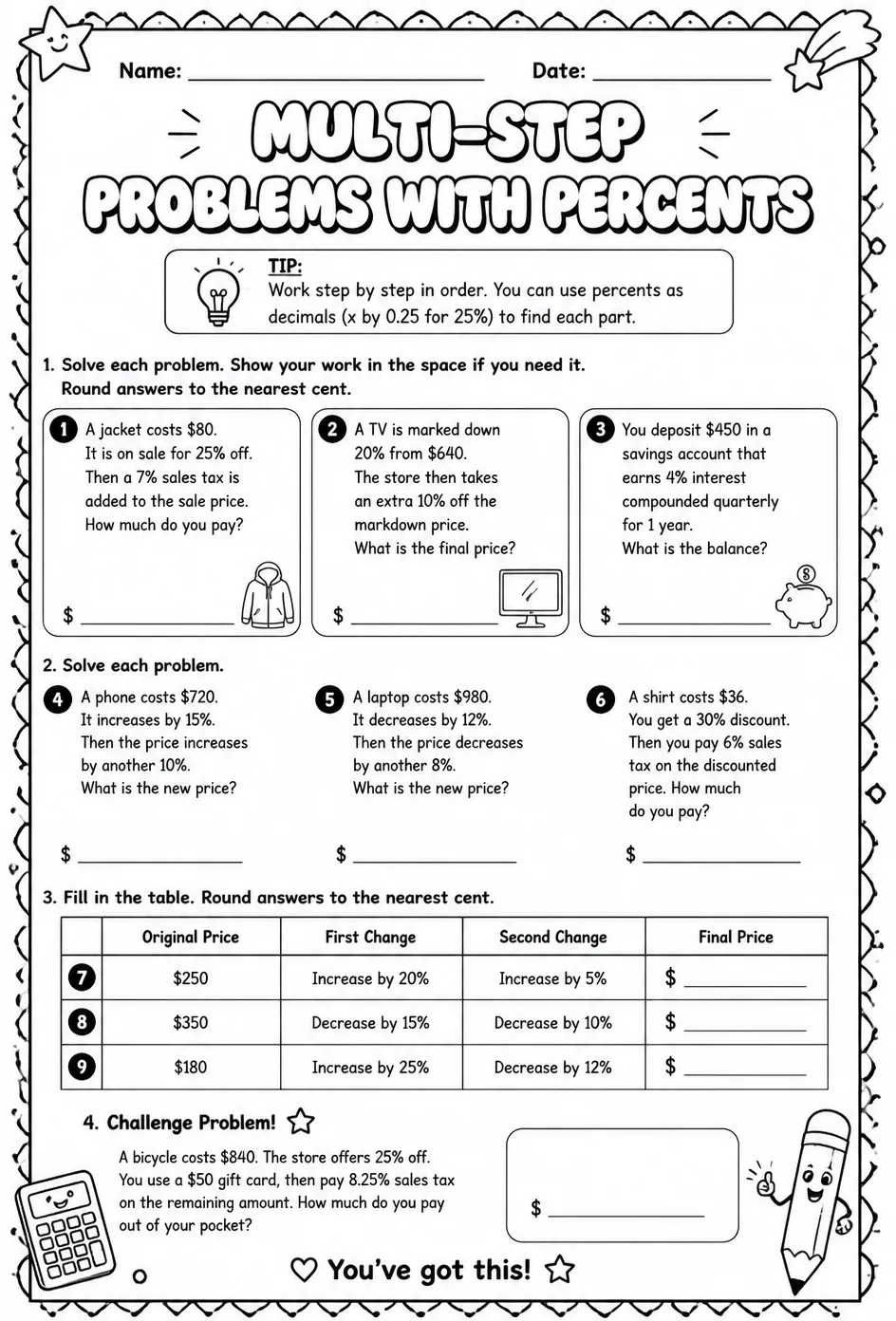Multi-step problems with percents — free printable Grade 8 math worksheet