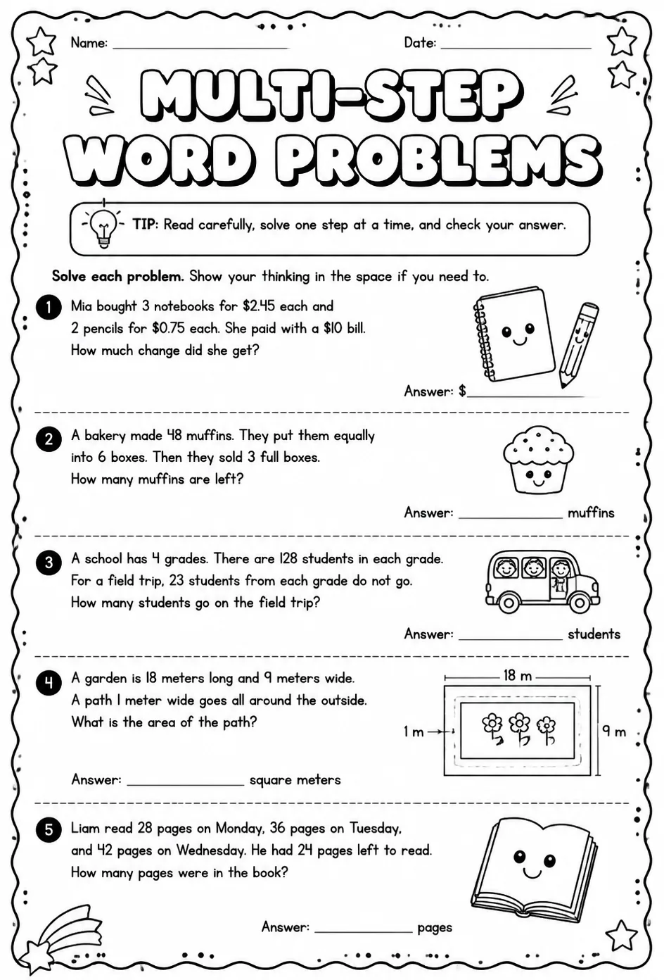 Multi-step word problems — free printable Grade 4 math worksheet
