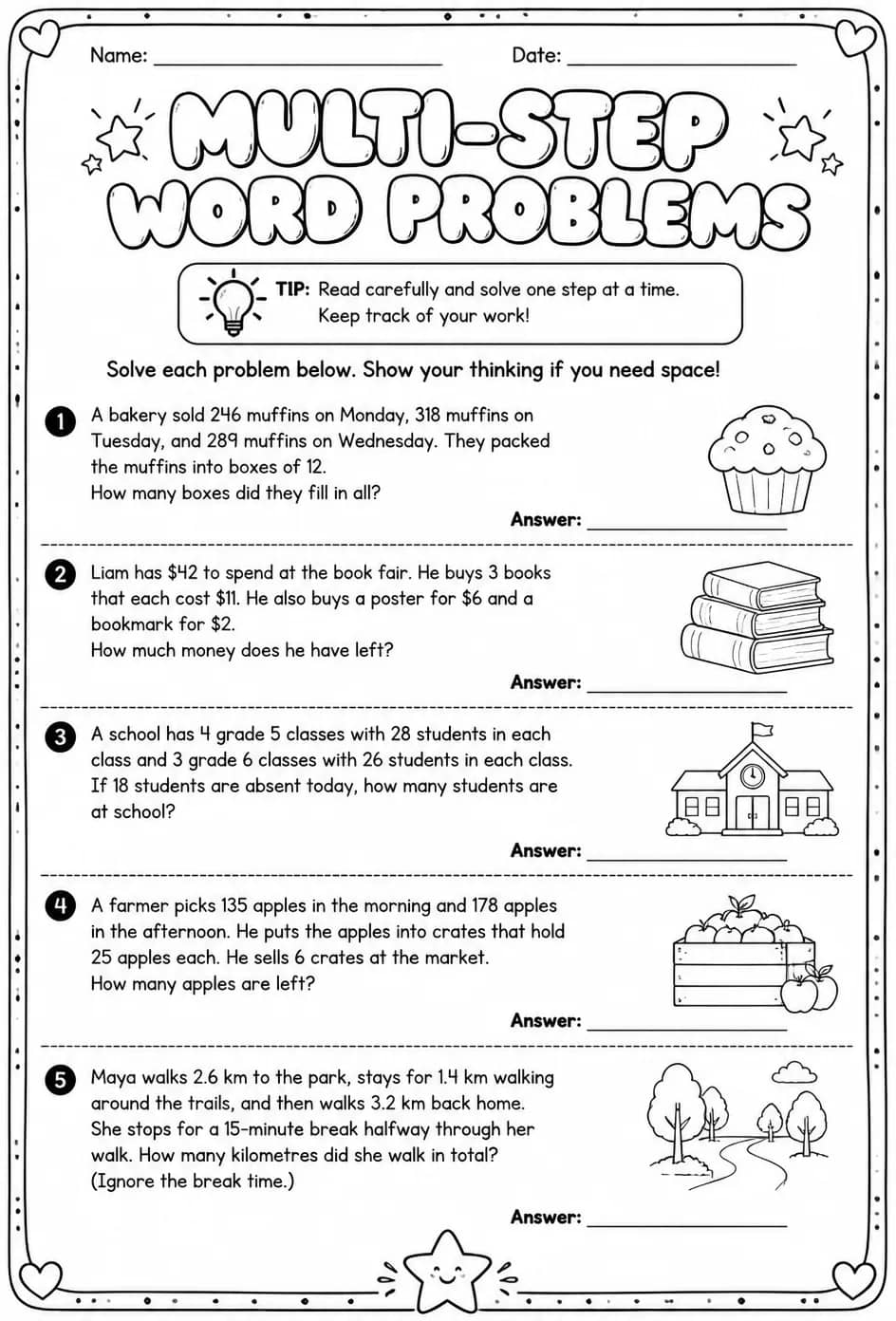 Multi-step word problems — free printable Grade 5 math worksheet