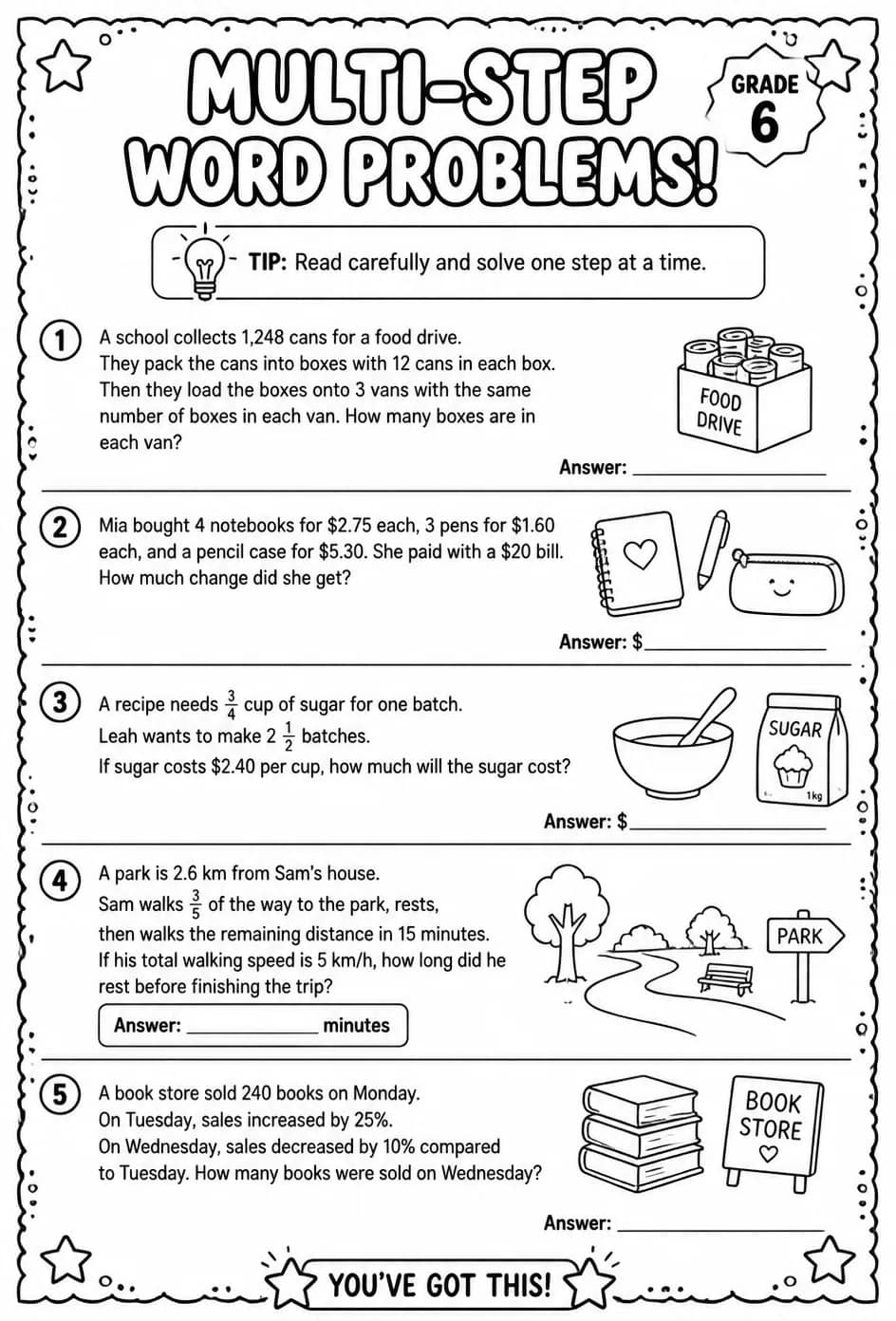 Multi-step word problems — free printable Grade 6 math worksheet