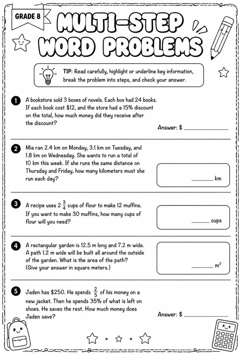 Multi-step word problems — free printable Grade 8 math worksheet