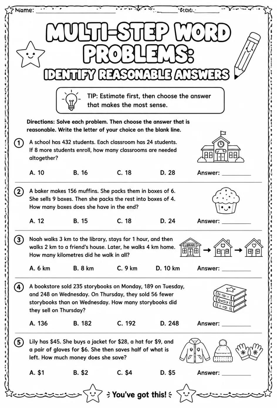 Multi-step word problems: identify reasonable answers — free printable Grade 4 math worksheet