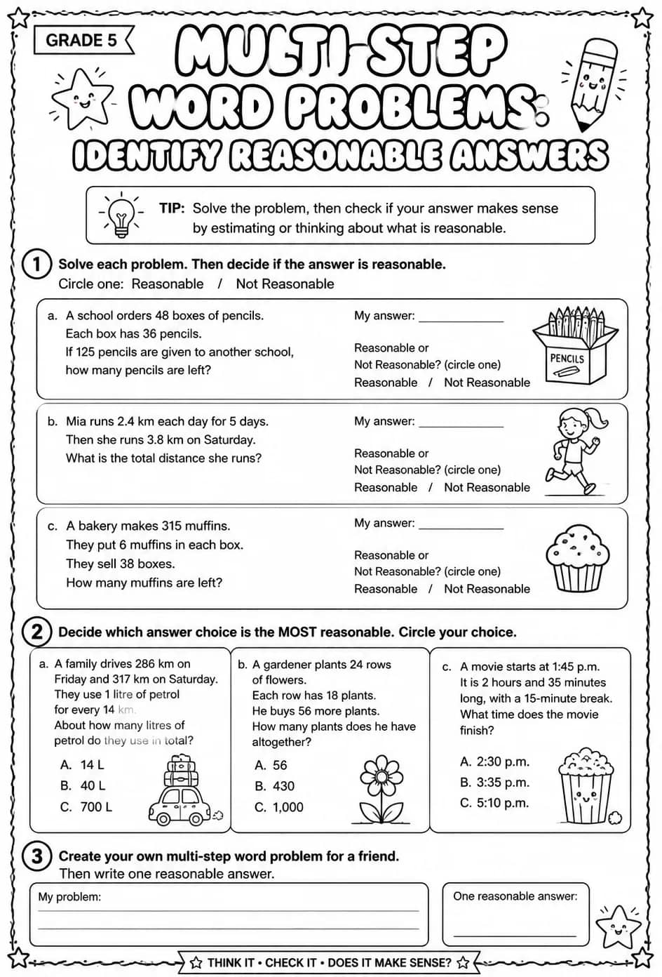 Multi-step word problems: identify reasonable answers — free printable Grade 5 math worksheet