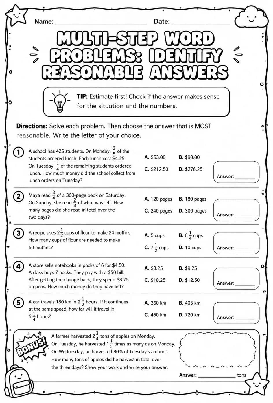 Multi-step word problems: identify reasonable answers — free printable Grade 6 math worksheet