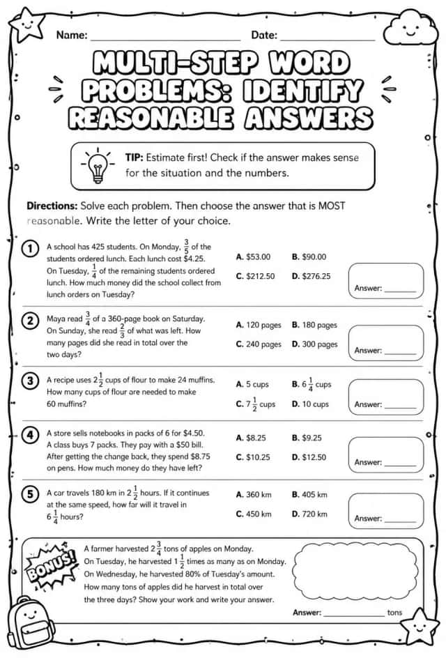 Multi-step word problems: identify reasonable answers