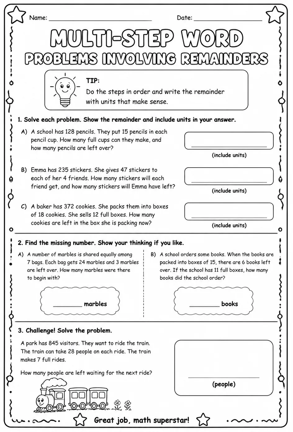 Multi-step word problems involving remainders — free printable Grade 4 math worksheet