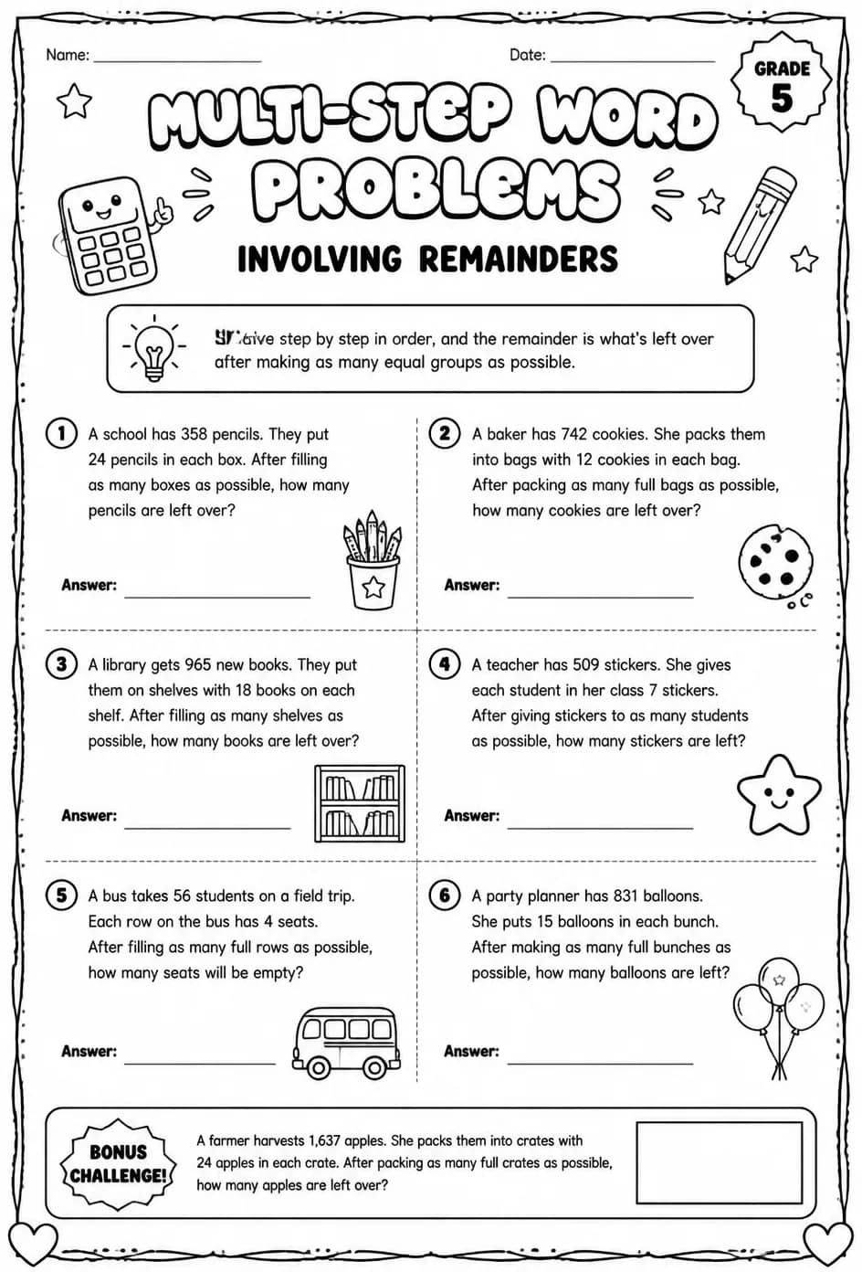 Multi-step word problems involving remainders — free printable Grade 5 math worksheet