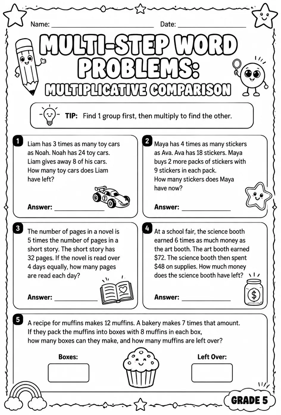 Multi-step word problems: multiplicative comparison — free printable Grade 5 math worksheet