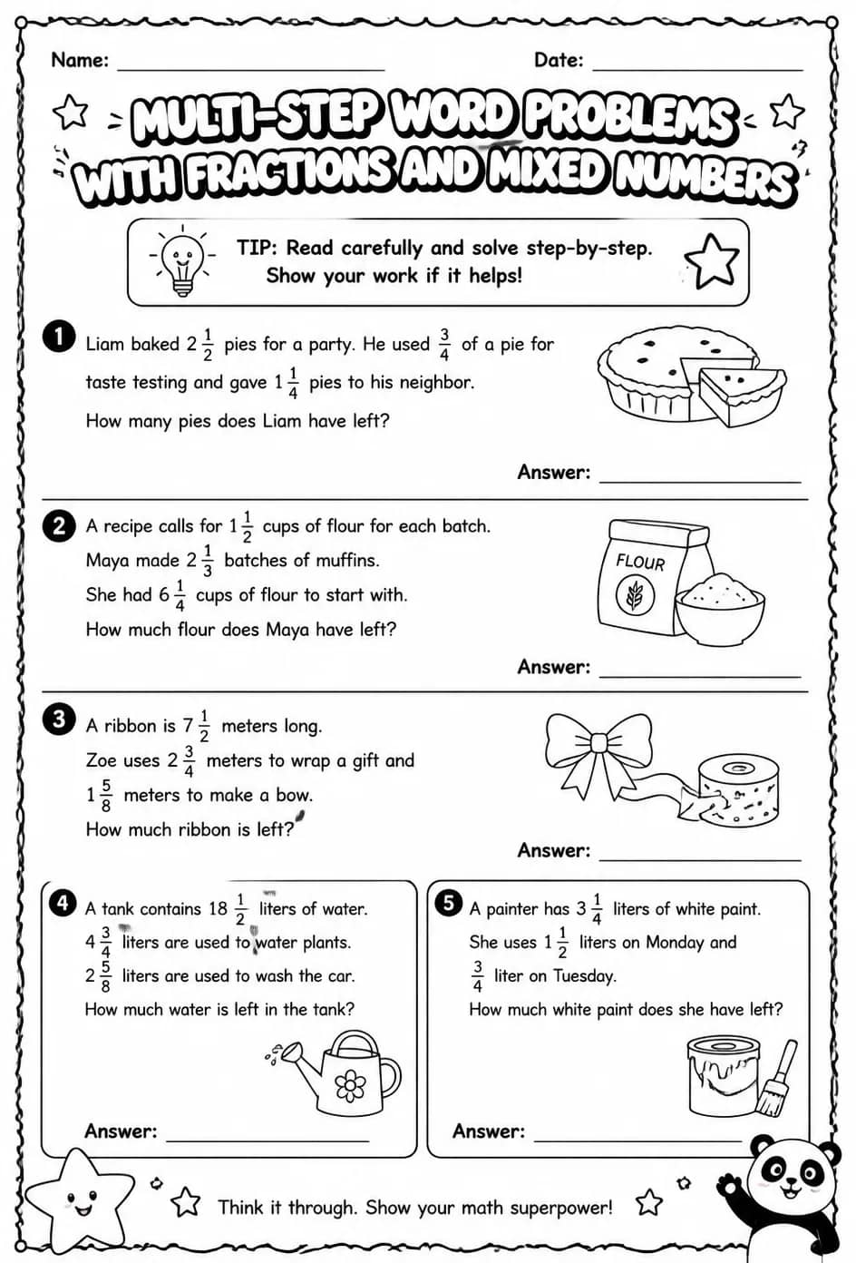 Multi-step word problems with fractions and mixed numbers — free printable Grade 5 math worksheet