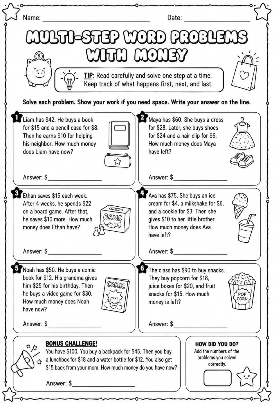 Multi-step word problems with money: addition and subtraction only — free printable Grade 4 math worksheet