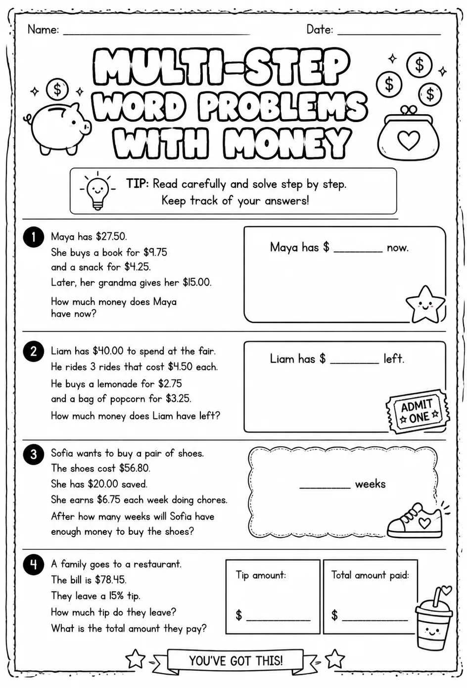 Multi-step word problems with money — free printable Grade 4 math worksheet