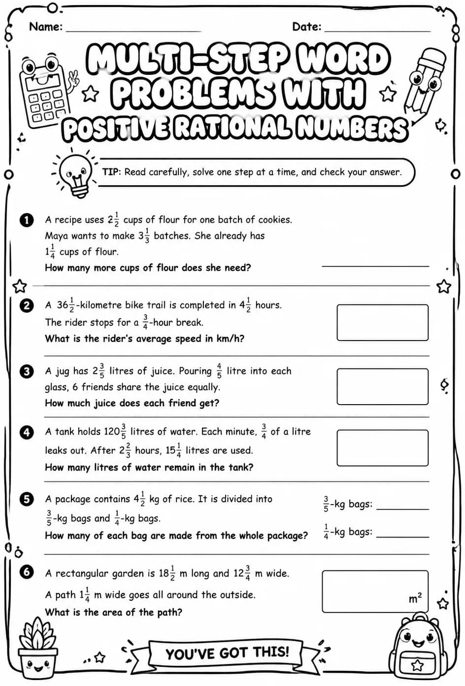 Multi-step word problems with positive rational numbers — free printable Grade 7 math worksheet