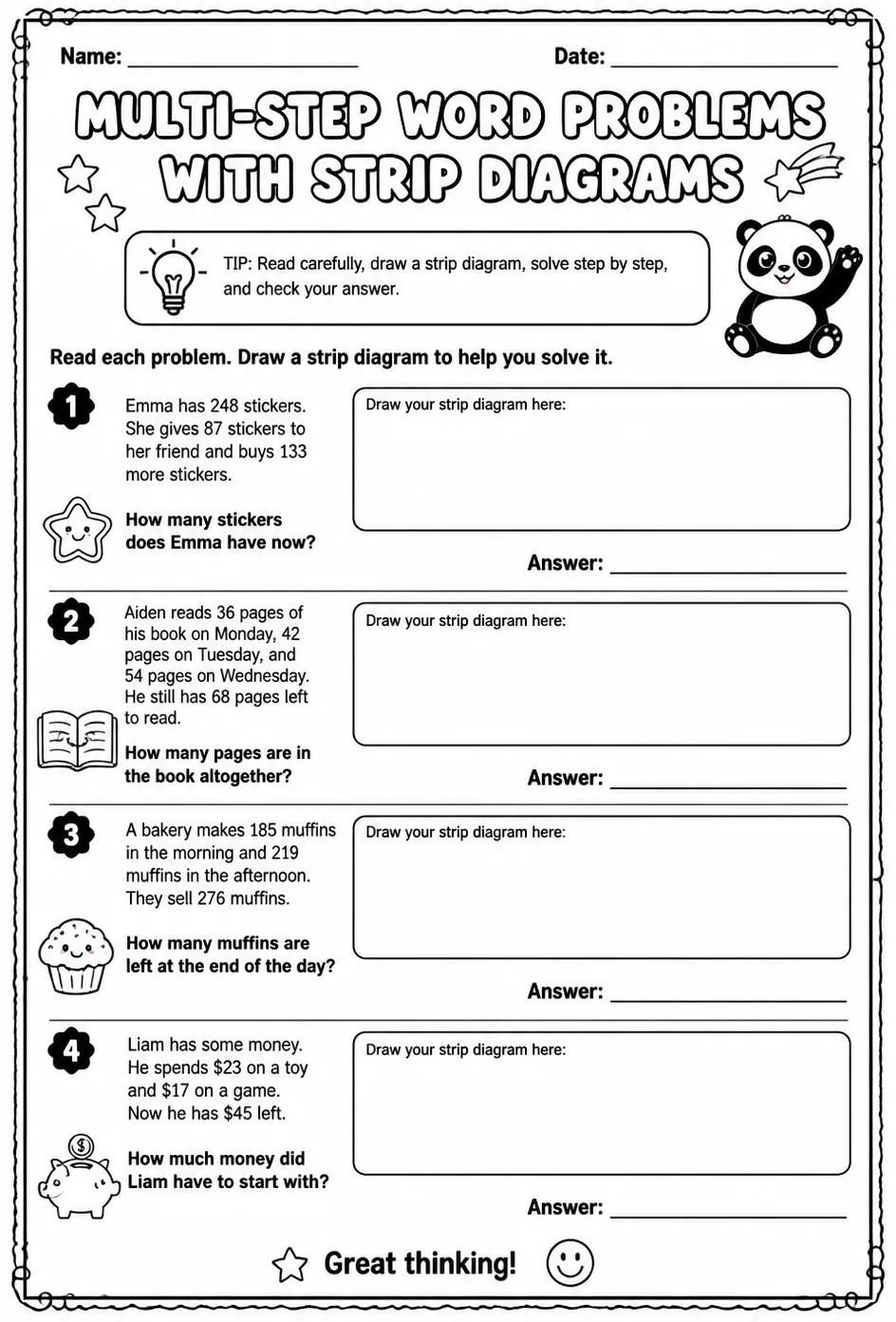 Multi-step word problems with strip diagrams — free printable Grade 4 math worksheet
