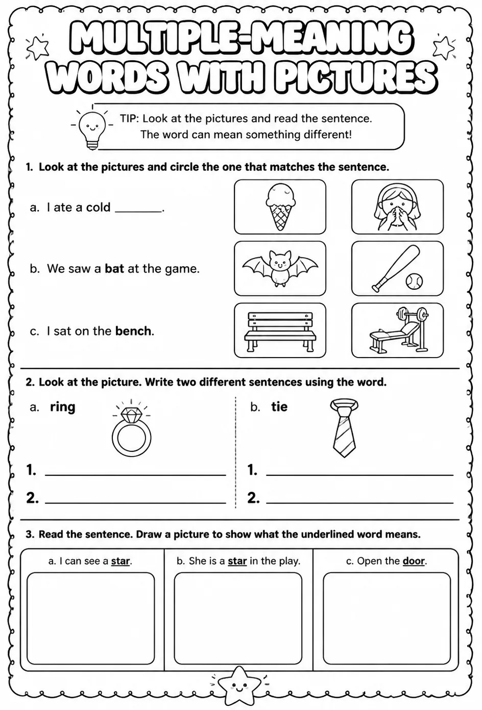 Multiple-meaning words with pictures — free printable Kindergarten English & Reading worksheet